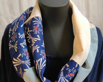 Blue pattern, white and light blue silk kimono remake snood