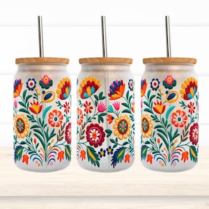 Mexican flowers 16oz glass can design Mexico embroidery pattern Glass can -perfect gift