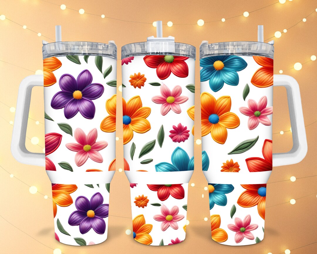 Mexican Embroidery Bright Colorful Flower 40oz Quencher Tumbler Floral ...