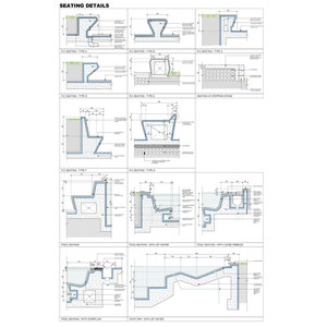 May include: A technical drawing illustrating various seating designs for a pool area. The drawings depict cross-sections of the seating, including details such as the materials used and the dimensions. The seating types include "RC Seating", "Pool Seating", and "Vichy Spa".