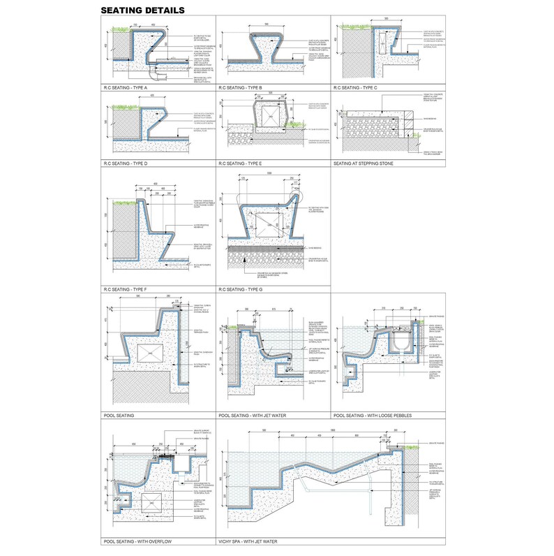 May include: A technical drawing illustrating various seating designs for a pool area. The drawings depict cross-sections of the seating, including details such as the materials used and the dimensions. The seating types include "RC Seating", "Pool Seating", and "Vichy Spa".