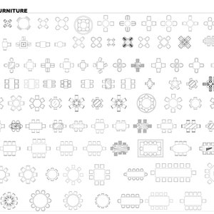 May include: A black and white line drawing illustration of various table and chair set configurations. The image shows different table shapes, sizes, and arrangements, including round, square, rectangular, and oval tables with chairs placed around them.