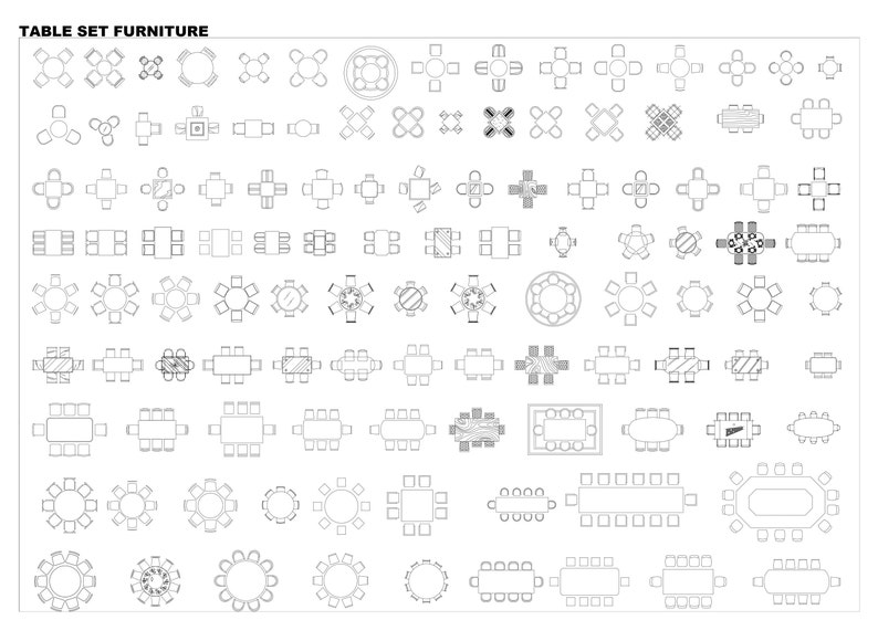 May include: A black and white line drawing illustration of various table and chair set configurations. The image shows different table shapes, sizes, and arrangements, including round, square, rectangular, and oval tables with chairs placed around them.