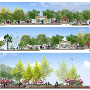 May include: A 3D rendering of a park with a variety of trees and plants. The park is divided into three sections, each with a different arrangement of trees and plants. The first section features a stone archway, the second section features a fountain, and the third section features a variety of trees and plants.