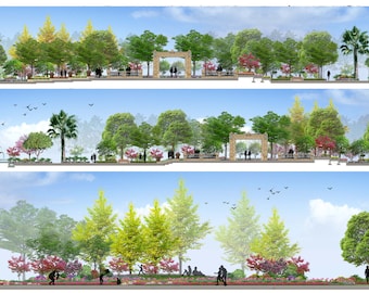 May include: A 3D rendering of a park with a variety of trees and plants. The park is divided into three sections, each with a different arrangement of trees and plants. The first section features a stone archway, the second section features a fountain, and the third section features a variety of trees and plants.