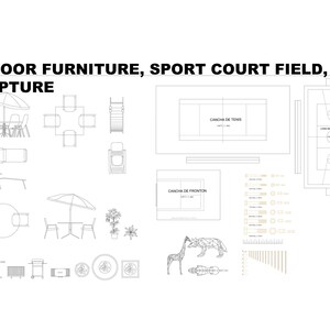 May include: Line drawing illustrations of outdoor furniture, a tennis court, a fronton court, a basketball court, and a set of tools. The furniture includes chairs, tables, umbrellas, and a grill. The courts are labelled in Spanish.