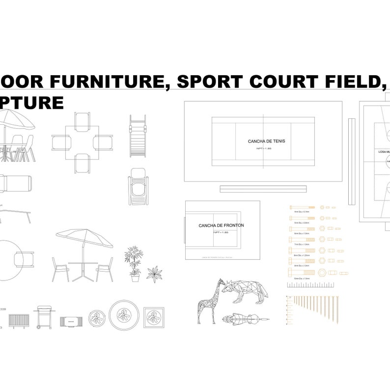 May include: Line drawing illustrations of outdoor furniture, a tennis court, a fronton court, a basketball court, and a set of tools. The furniture includes chairs, tables, umbrellas, and a grill. The courts are labelled in Spanish.