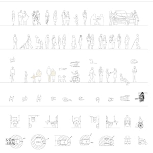 May include: Line drawing illustrations of people, animals, and objects, including a car, a wheelchair, a toilet, and a scooter. The illustrations are in black and white and are drawn in a simple style.
