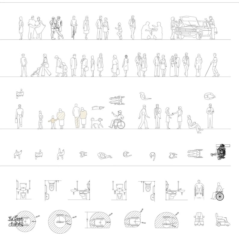 May include: Line drawing illustrations of people, animals, and objects, including a car, a wheelchair, a toilet, and a scooter. The illustrations are in black and white and are drawn in a simple style.