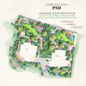 Photoshop PSD- Landscape architecture Color Master Plan templates, textures, clipart, PNG, PSD Layers, hardscape color, shrub hedges layers