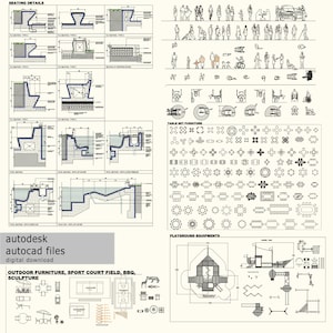 May include: Black and white line drawings of outdoor furniture, playground equipment, seating details, and table set furniture. The drawings are labelled with the text "autodesk autocad files digital download" and "OUTDOOR FURNITURE, SPORT COURT FIELD, BBQ, SCULPTURE".