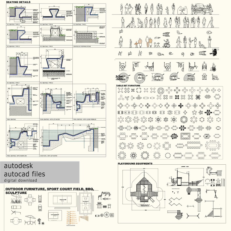 May include: Black and white line drawings of outdoor furniture, playground equipment, seating details, and table set furniture. The drawings are labelled with the text "autodesk autocad files digital download" and "OUTDOOR FURNITURE, SPORT COURT FIELD, BBQ, SCULPTURE".