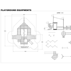 May include: A black and white line drawing of a playground equipment set with a ship theme. The set includes a large playhouse with a slide, a climbing wall, and a rope ladder. The drawing also includes a separate climbing frame and a swing set. The drawing includes the text "PLAYGROUND EQUIPMENTS" and "LAPPSET. 120820".