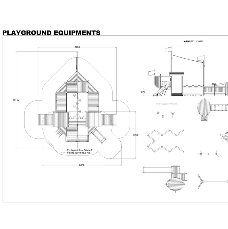 May include: A black and white line drawing of a playground equipment set with a ship theme. The set includes a large playhouse with a slide, a climbing wall, and a rope ladder. The drawing also includes a separate climbing frame and a swing set. The drawing includes the text "PLAYGROUND EQUIPMENTS" and "LAPPSET. 120820".