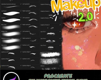 May include: Digital artwork showing a stylized eye with glitter and the text "Easy Makeup 2.0." The image includes a Procreate logo and a list of makeup brushes, textures, and clipart for digital art.