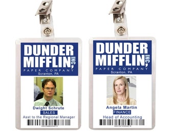 The Office Dwight Schrute & Angela Martin Dunder Mifflin Set of 2 ID Badges Cosplay Costume Name Tag