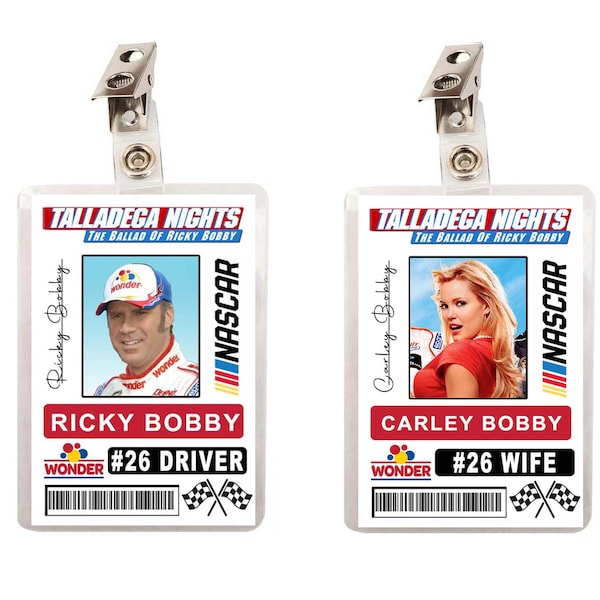 Talladega Nights Ricky Bobby & Carley Bobby Race Car Driver ID Badges set of 2