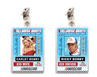 Talladega Nights Ricky Bobby & Carley Bobby Race Car Driver ID Badges set V2