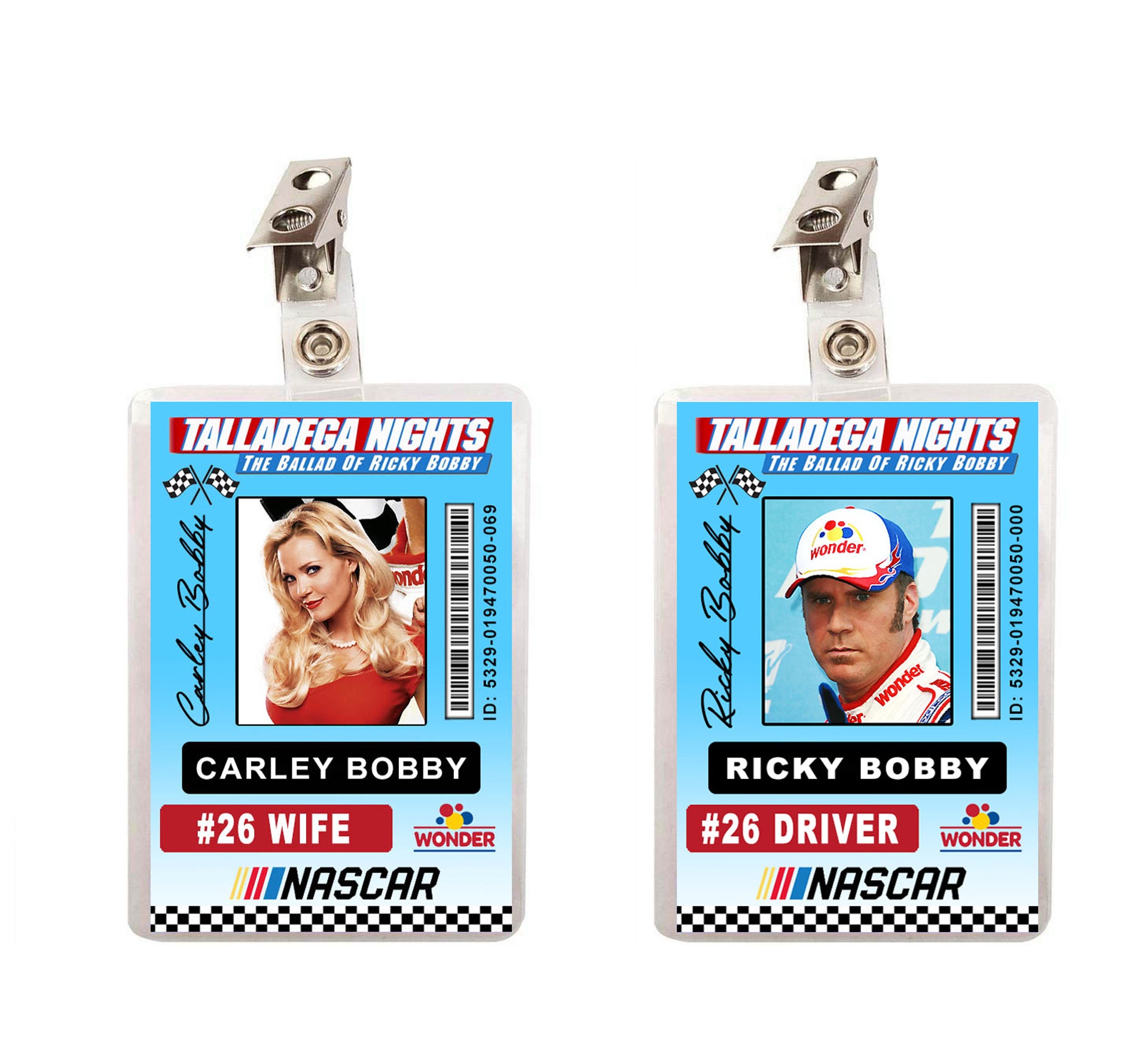 Talladega Nights Ricky Bobby & Carley Bobby Race Car Driver ID Badges