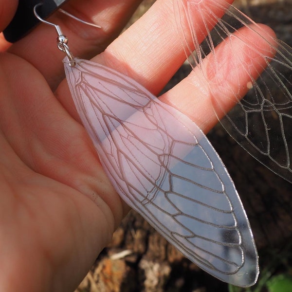 cicada wing earrings > laser engraved acrylic bug jewelry > sterling silver ear hook > unique items handmade by queenbeams