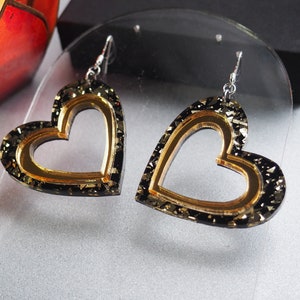 dangle heart earrings &gt; black & gold chunky glitter &gt; valentine&#39;s day earrings &gt; heart shaped jewelry &gt; laser cut earrings by queenbeams