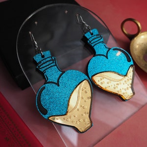Love Potion Bottle Earrings: Glitter Acrylic, Sterling Silver, Valentine's Gift