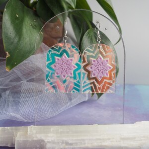 floral mandala earrings > fractal flower dangle earrings > iridescent and pastel laser cut acrylic > unique handmade earrings by queenbeams