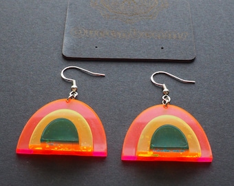 Neon Rainbow Dangle Earrings, Fluorescent Acrylic, Sterling Silver