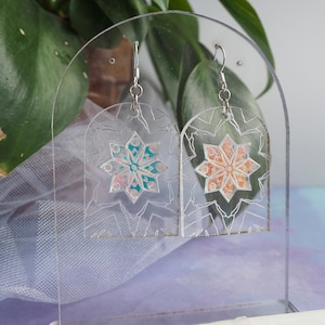 floral mandala earrings > fractal flower dangle earrings > clear and iridescent laser cut acrylic > unique handmade earrings by queenbeams
