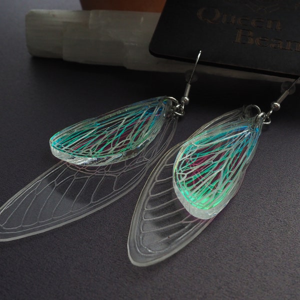 cicada wing dangle earrings > clear and iridescent laser engraved acrylic bug jewelry > unique gifts for friends > handmade by queenbeams
