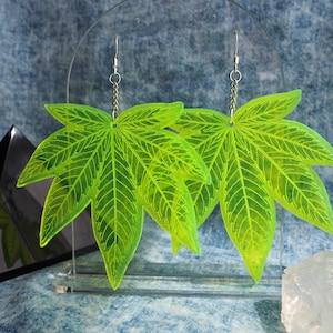 Könnte beinhalten: Ein Paar grüne, blattartige Ohrringe mit silbernen Haken. Die Ohrringe sind aus durchsichtigem Kunststoff gefertigt und haben ein detailliertes Adernmuster.