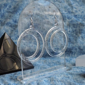 full moon earrings &gt; clear sparkle moon dangle earrings &gt; laser cut acrylic statement earrings &gt; witchy gifts &gt; handmade by queenbeams