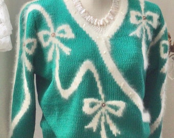 Vintage 80s Green Bow Sweater Women’s Medium New Wave Kawaii Coquette Dollette Romantic Style
