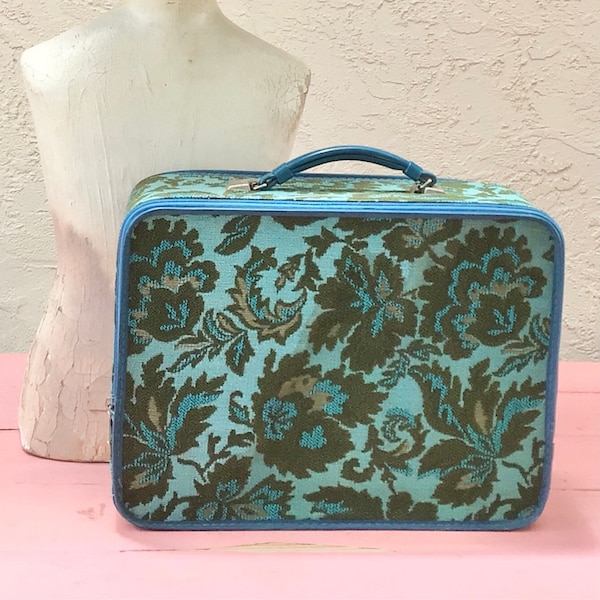 Small Vintage 1960s Blue Floral Flower Cloth Child’s Suitcase Luggage Mod Cute