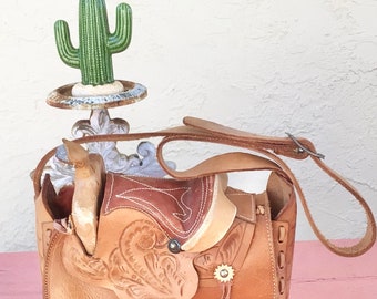 Amazing Vintage Tooled Leather Horse Saddle Shoulder Bag Boho Bohemian Hippie Cowgirl