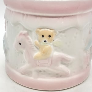 Vintage Teddy Bear Horse Carousel Ceramic Planter: Pastel Nursery Decor