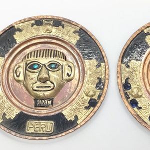 vintage Paire de 2 petites assiettes en métal péruviennes Pérou décoration murale décoration d&#39;intérieur exotique