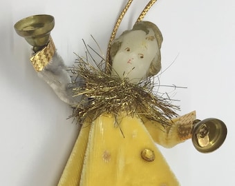 Handmade Vintage 60s Yellow Gold Christmas Angel with Bells Cute Kawaii