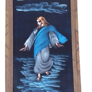 Vintage 1970s Jesus Walking on Water Black Velvet Painting: Kitsch Religious Art