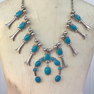 Vintage 1960s Squash Blossom Necklace Silver tone Faux Turquoise Boho Bohemian Southwest Style