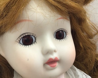 Vintage 1982 Lavender Co Ltd Porcelain Doll Big Brown Eyes Redhead Glass Eyes