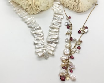 Lot of 2 Vintage 90s Necklaces Large Biwa Freshwater Irregular Pearls Gold Filled Pearl Citrine Rubies Delicate Necklace