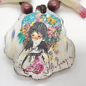 Vintage 1970s Ted de Grazia Squash Blossom Flower Girl Necklace Hand painted in Oil Suede and Resin