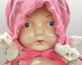 Vintage Composition Composite Baby Doll Shabby Distressed Pink Striped Bloomers and Bonnet