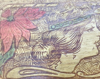 Vintage Wood Burned Pyrography Glove Tie Box Art Deco Design