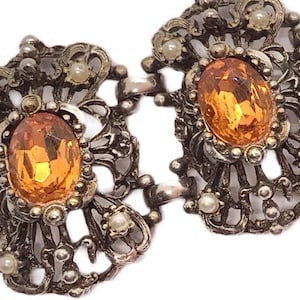 Vintage 1960s Selro Selini Glam Silver tone Faux Topaz and Pearl Bracelet 7.25 inches