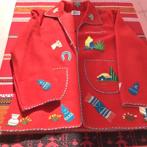 Unisex Vintage 1950s Mexican Tourist Souvenir Red Wool Jacket Medium Large image 9