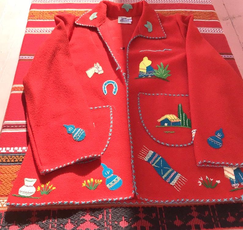 Unisex Vintage 1950s Mexican Tourist Souvenir Red Wool Jacket Medium Large image 9