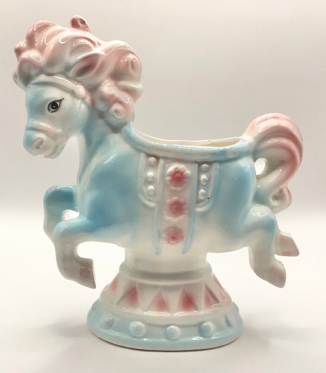 Vintage Pastel Blue and Pink Ceramic Carousel Horse Planter Holder