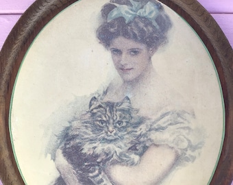 Vintage Victorian Lady with Tabby Cat Solid Wood Wall Picture Decor Art Romantic Shabby Cottage